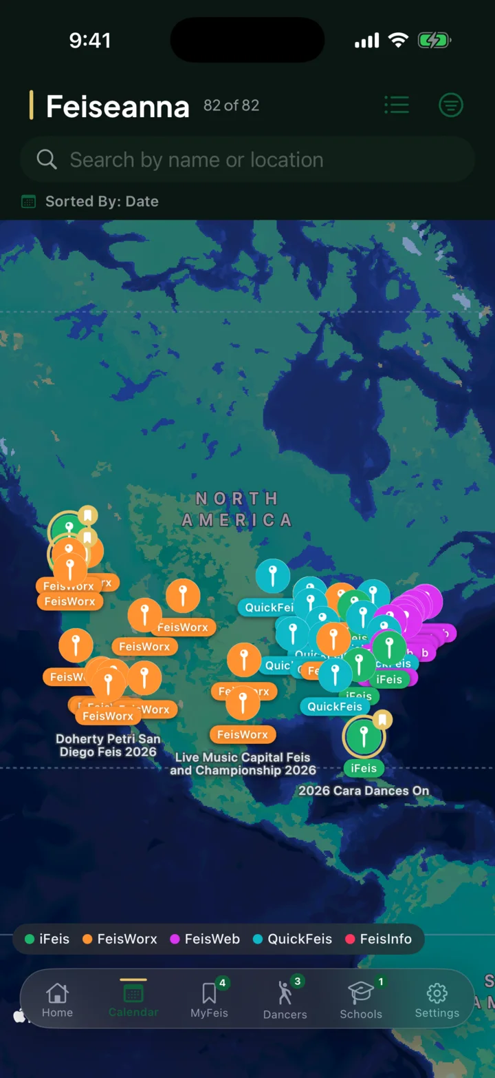 Feisly map of nearby feiseanna with event cards