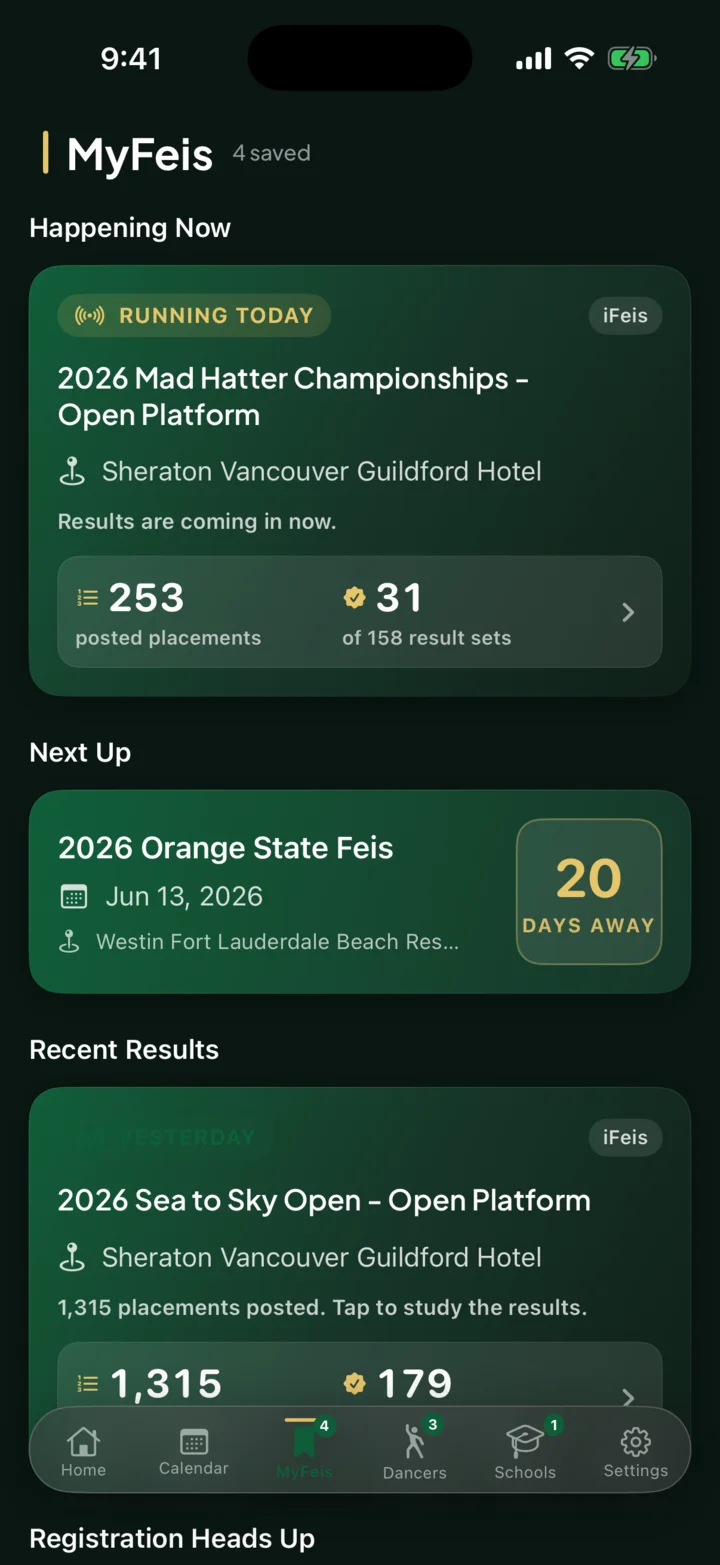 Feisly MyFeis screen with saved feiseanna and live result progress
